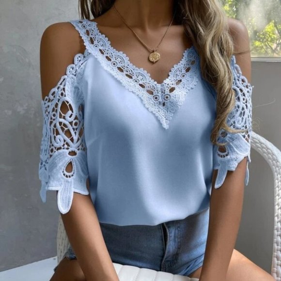. Tops - BLUE Lace Detailed cold shoulder blouse top